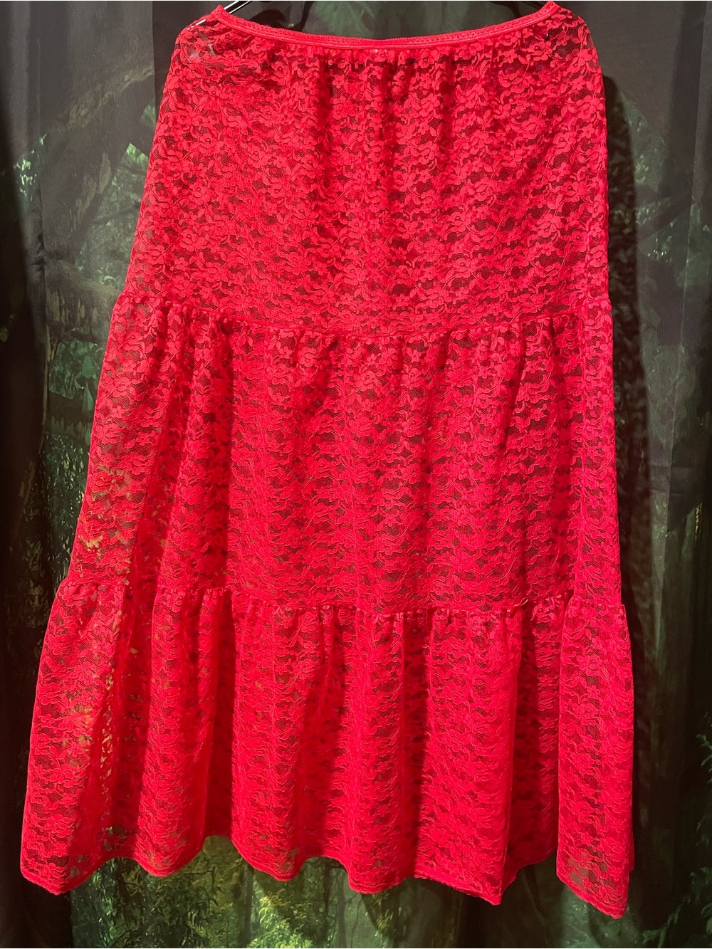 Texasheen Vintage Lingerie Sheer Red Lace Tiered Maxi Skirt